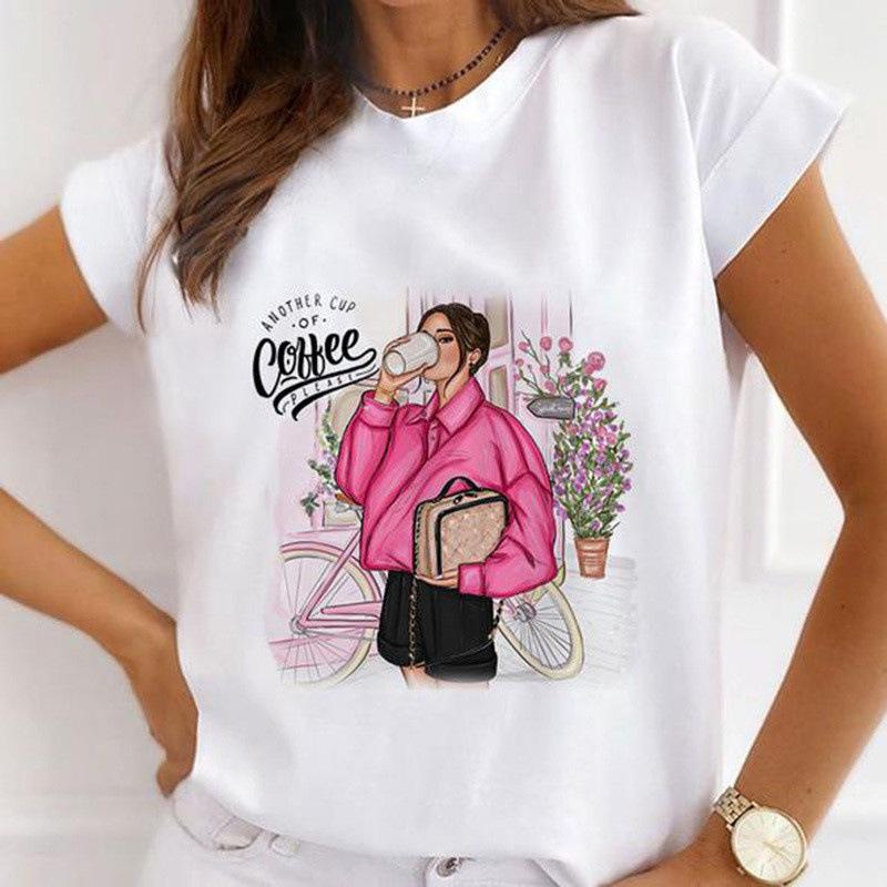 Summer Floral Girl Printed Base Shirt Cute Cartoon Round Neck Plus Size Pure Cotton Short Sleeved Top T-Shirts Women’s
