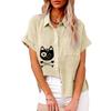 Большие размеры Женская модная блузка с принтом кота Лето и осень Свободная рубашка с коротким рукавом на пуговицах Женская повседневная льняная футболка