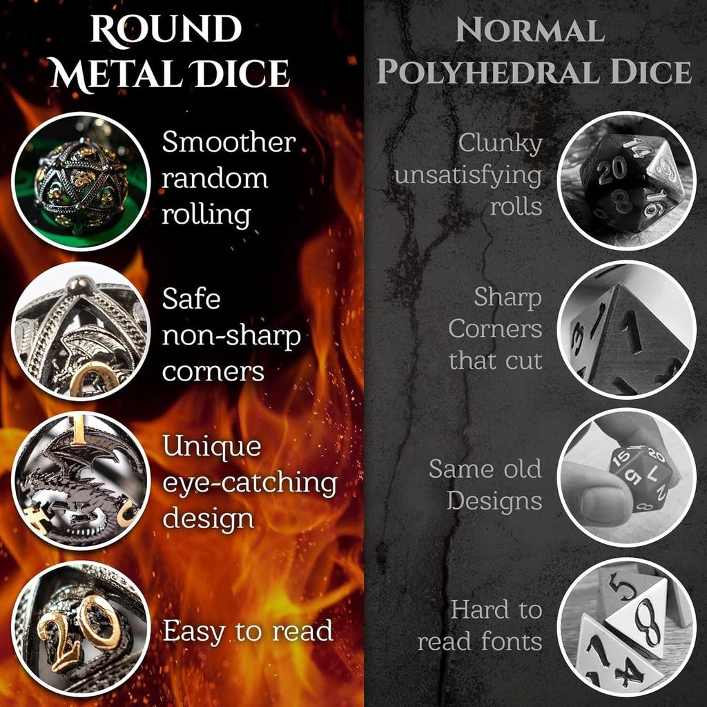 Набор металлических кубиков для DND, уникальный дизайн круглой полой сферы для лучшего броска, красивый набор металлических кубиков с драконом для D&D, ролевые игры