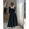 Square Neck Puff Sleeve Women's Black Long Dress Retro Palace Style Solid Color Slim Simple Casual Style Summer
