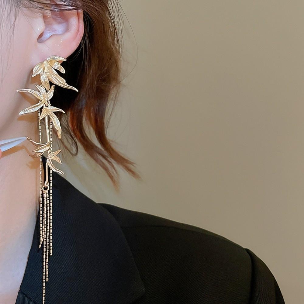 Chinese Ancient Style Long Tassel Dangle Earrings Zinc Zinc Alloy Ear Jewelry Bamboo Leaf Earrings Women