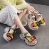 Retro Flower Peep Toe Platform Sandals Breathable Genuine Leather Versatile Women's Shoes