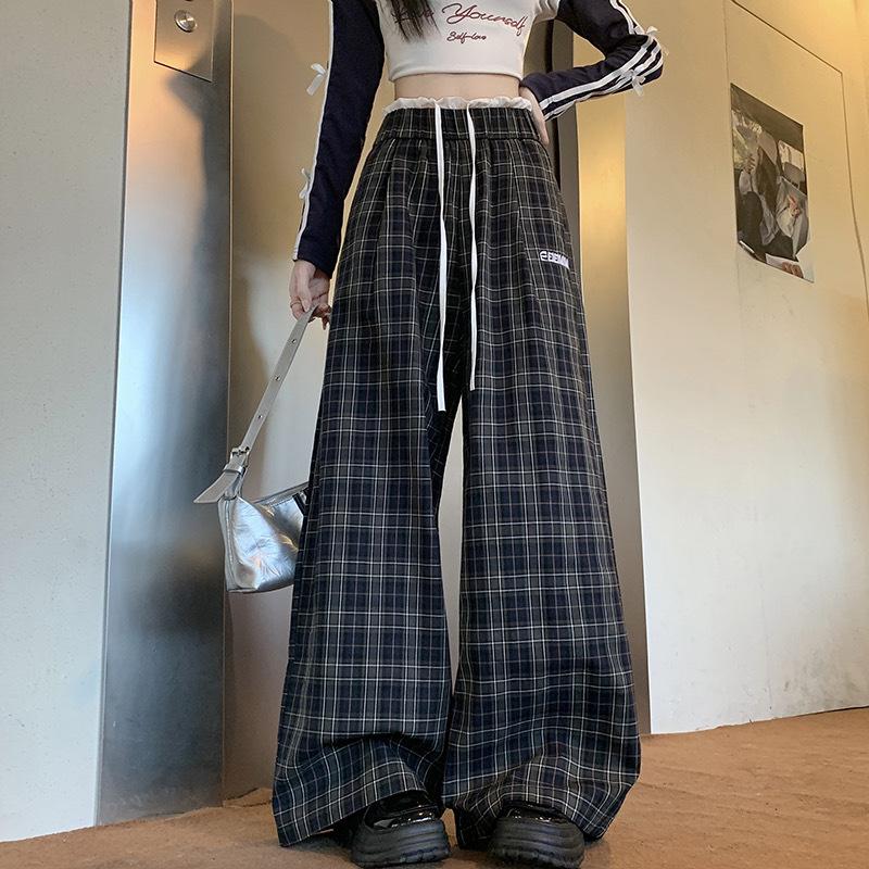 American Plaid Wide-leg Pants for Women In Autumn High-waist Loose Casual Pants Straight Floor Pants