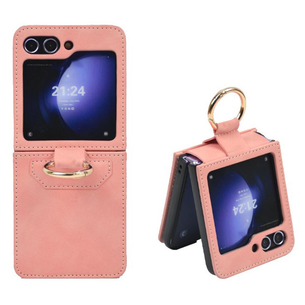 For Samsung Galaxy Z Flip5 5G Case Leather Coated PC Phone Cover with Ring Kickstand