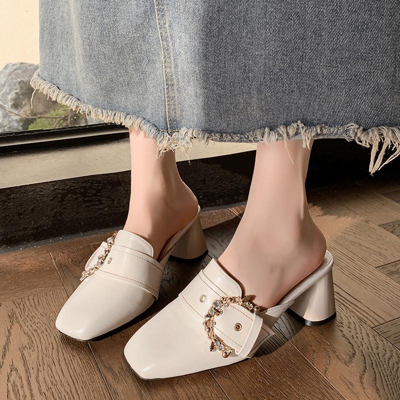 Fashion Baotou High Heels Summer New Square Head Rivets Metal Buckle Set Foot Anti-slip Wear-resistant Thick Heel Shoes