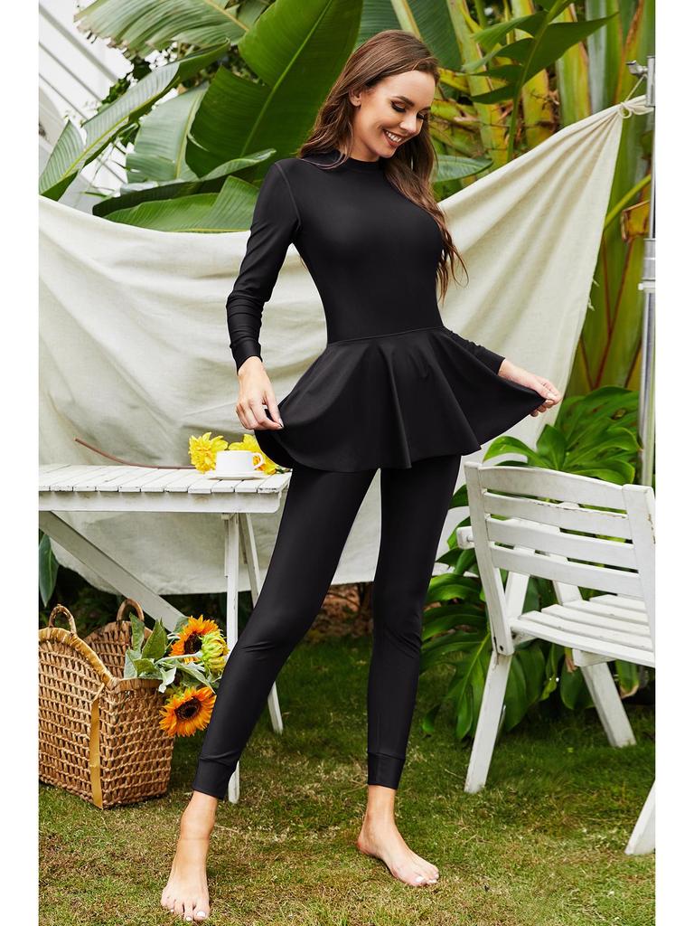 Solid Color Full Coverage Long Sleeve Surfer Sunsuit - Conservative One-Piece Arabic Swimsuit