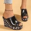 Fashion Leopard Print Wedge Sandals for Women Retro Slip On Platform High Heel Sandals Woman Summer Thick Sole Peep Toe Mules Slippers