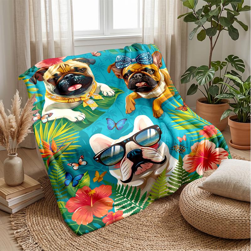 Pug Paradise Floral Theme blanket Lightweight Warm Flannel Blanket Decorative Throw Blanket for Home Decoration