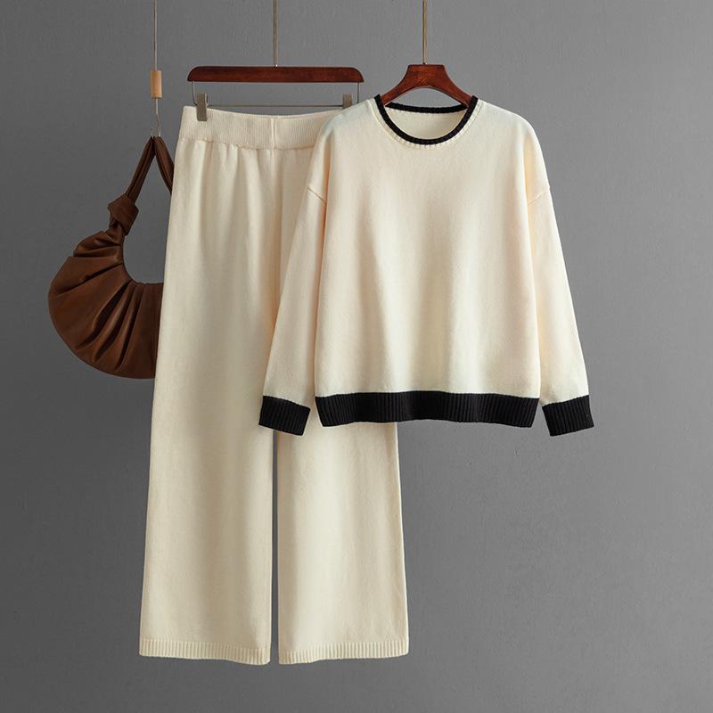 GMXIA Autumn and Winter Style Contrasting Color Round-neck Knitted Sweater Slimming Wide-leg Pants Two-piece Set for Women
