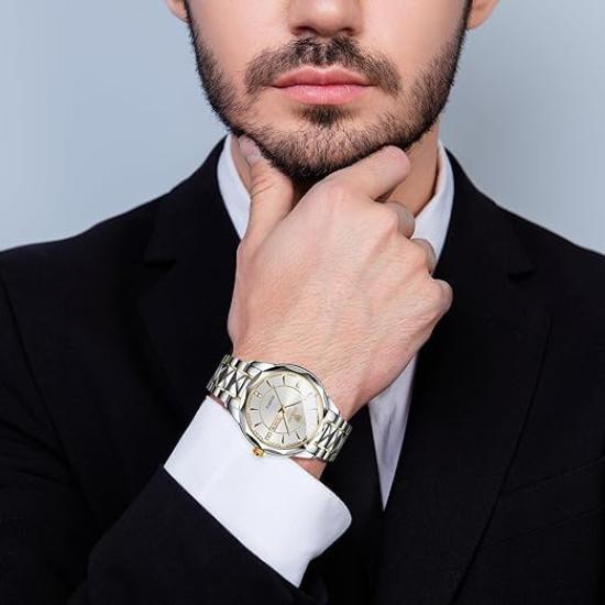 Часы Precision Steel Analog Copy Watch Men Светящиеся часы с датой и днем недели Водонепроницаемые часы с удобным для чтения циферблатом из нержавеющей стали с регулируемым уровнем, серебристые