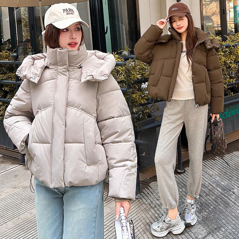 Winter short hooded bread clothes for women, loose shoulder drawstring hem cotton clothes, versatile and thickened small people