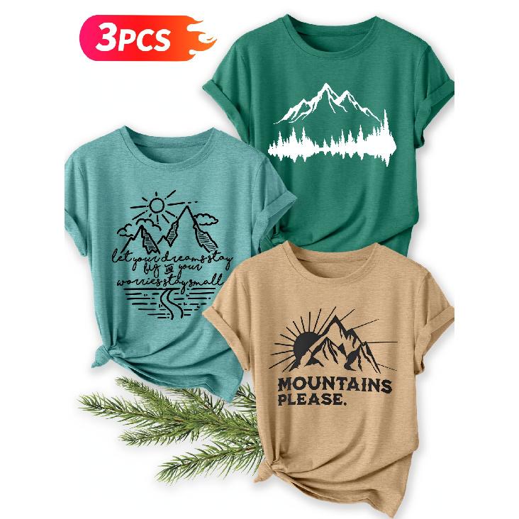 Three-piece set Mountain scenery text print pattern short-sleeve vintage round neck T Fresh and natural style loose-fitting shirt 2026 Elegant spring