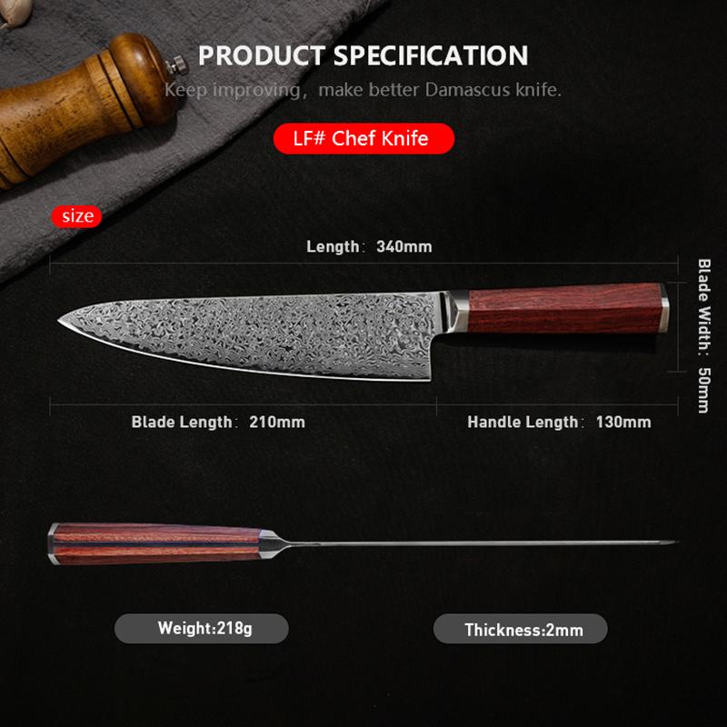 8.3 Inch Chef Knife 67-layers Damascus VG-10 Steel Blade Sharp Slicing Cleaver Japanese Kitchen Knives Hexagonal Rosewood Handle