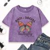 Anti Social Butterfly Print Women Washed T Shirts Hip Hop Summer T-Shirt Casual Crewneck Clothes Comfortable Cotton Top