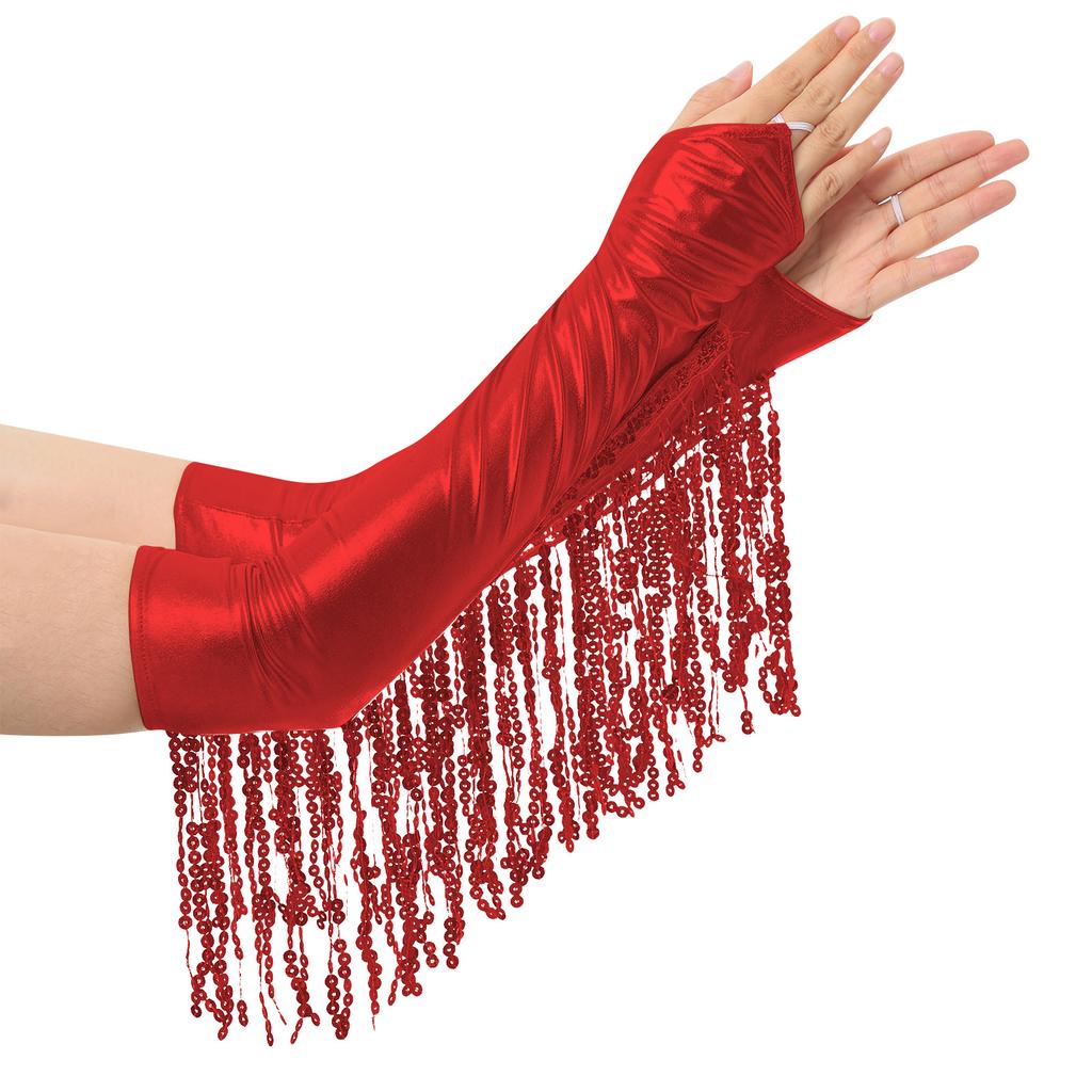 Перчатки без пальцев до локтя для взрослых: Искрящиеся Пайетки, Дизайн с Кисточками, Металлические Блестящие Перчатки для Сцены, Оперы, Косплея и Вечеринок