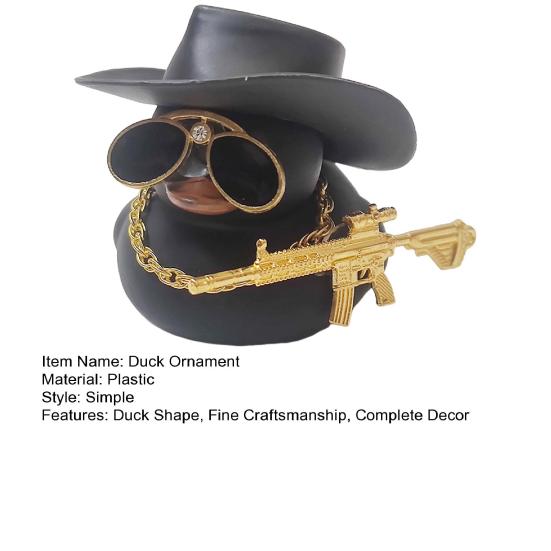 Duck Ornament Squeaky Car Dashboard Decoration Set Funny Yellow Duck Figure with Cowboy Hat Sunglasses Golden Chain Decor