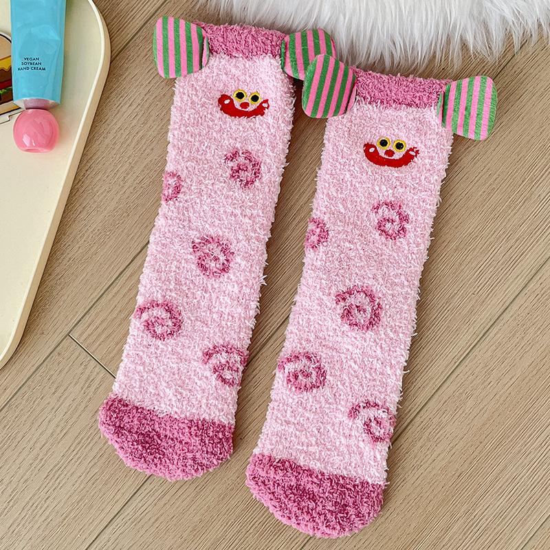 Super Cute Cartoon Socks Medium Tube Socks Season Thickened Warm Coral Fleece Socks Embroidered Expression Floor Sleeping Socks