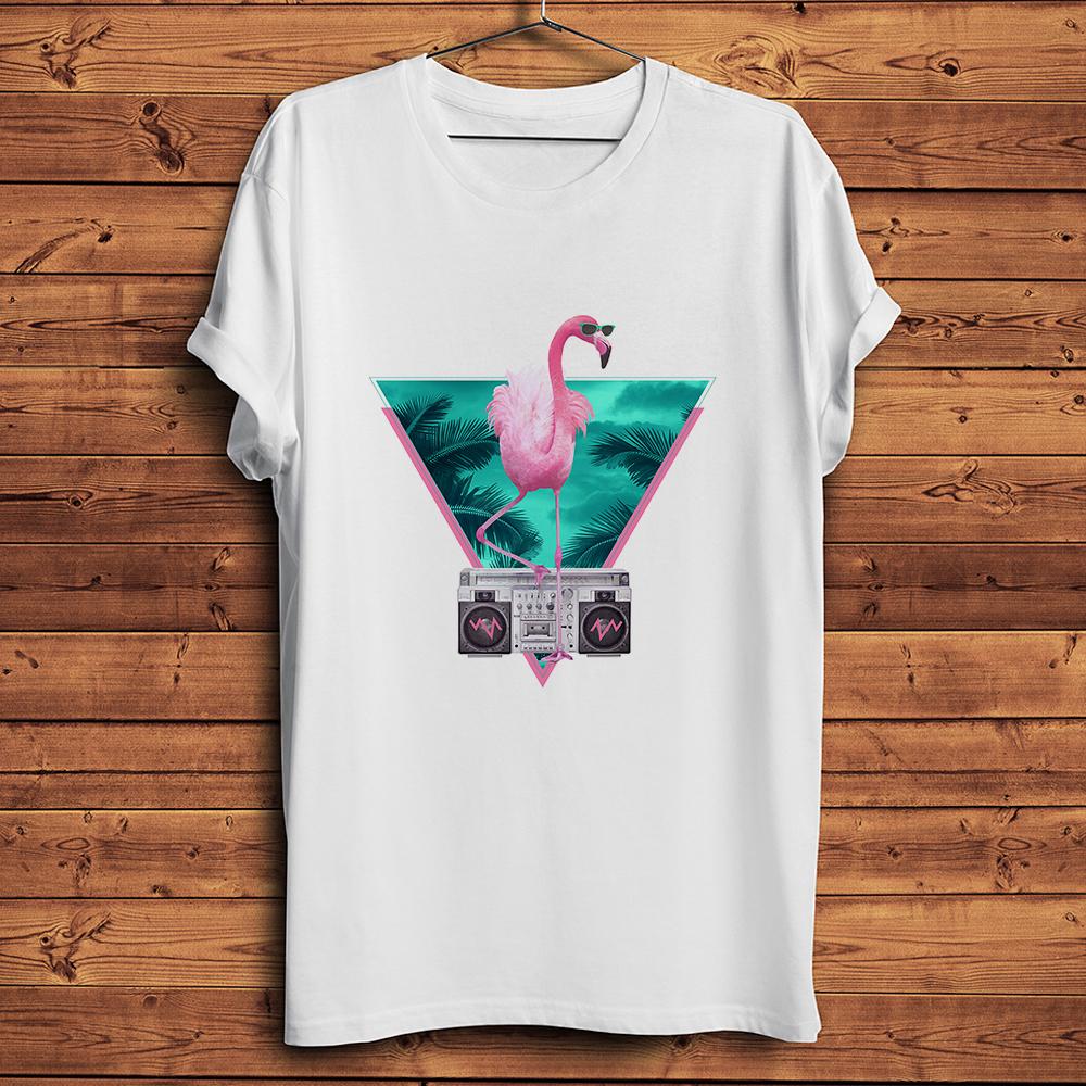 Retro 80s Miami Flamingo Funny T-shirt,Homme Summer Short Sleeve Men White Casual Tshirt,Unisex