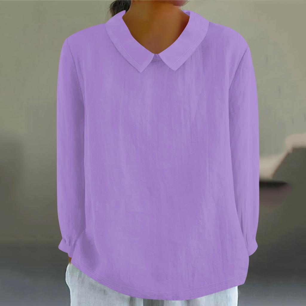 Women's Fashion Doll Collar Long Sleeve Loose Solid Color Shirt Casual Button Top