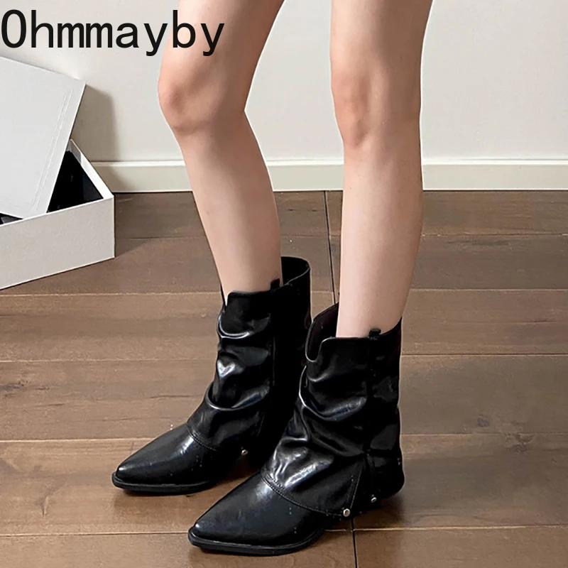 Модные женские ковбойские сапоги в стиле вестерн, модные короткие ботильоны с острым носком, элегантные женские туфли на толстом каблуке, зимняя удобная женская обувь