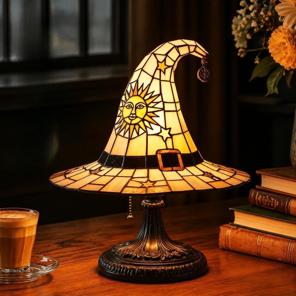 Halloween Witch Hat Lamp Resin Ornament USB Plug-in Light Decor, Festive Table Lamp
