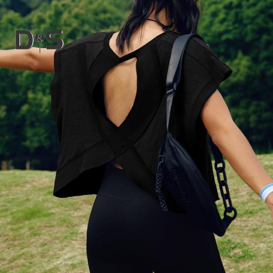 Женская беговая футболка с круглым вырезом и коротким рукавом, открытая спина, спортивный топ свободного кроя, однотонные повседневные топы для спортзала