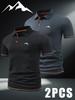 2pcs Men's Outdoor Golf Polo Shirts with Small Mountain Pattern - Short Sleeves & Color Block, Men's Business Casual T Shirt for Spring and Summer