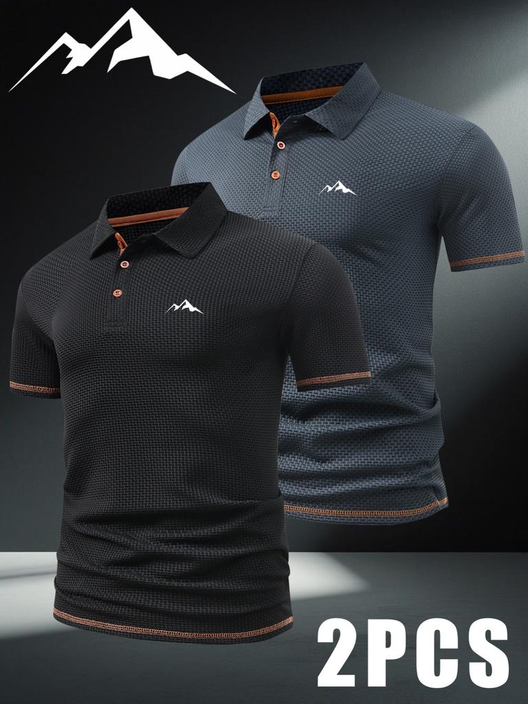 2pcs Men's Outdoor Golf Polo Shirts with Small Mountain Pattern - Short Sleeves & Color Block, Men's Business Casual T Shirt for Spring and Summer