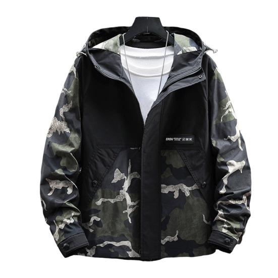 Men Hoodie Jacket Camouflage Patchwork Loose Windbreaker Spring Autumn Washable Zipper Outwear Streetwear