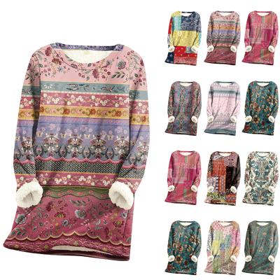 Женский топ с круглым вырезом и принтом из утолщенного плюша и кашемира, теплый длинный топ