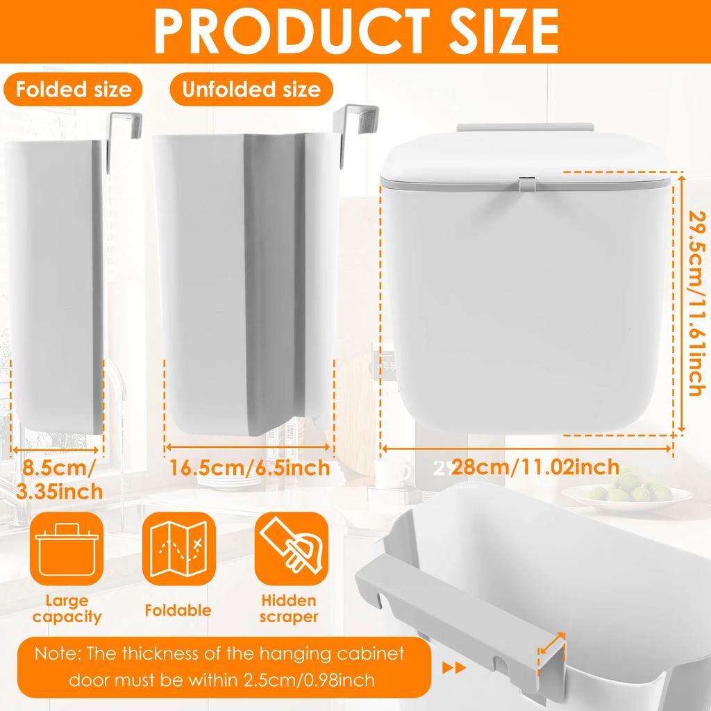 Hanging Trash Can Kitchen Food Compost Bin with Lid and Hidden Scraper Space Saving Foldable Wall Mounted Garbage Can for Home