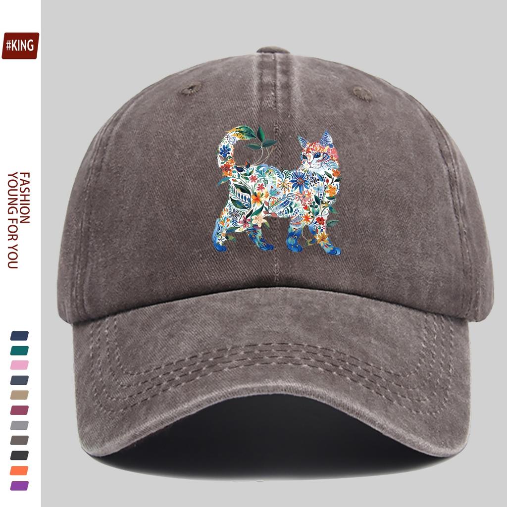 Floral Cat Print Baseball Cap Cotton Adjustable Unisex Casual Sports Outdoor Snapback Hat