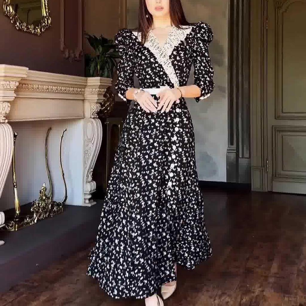 2024 Autumn Women's Korean Style Polka Dot Color Block Elegant Long Dress