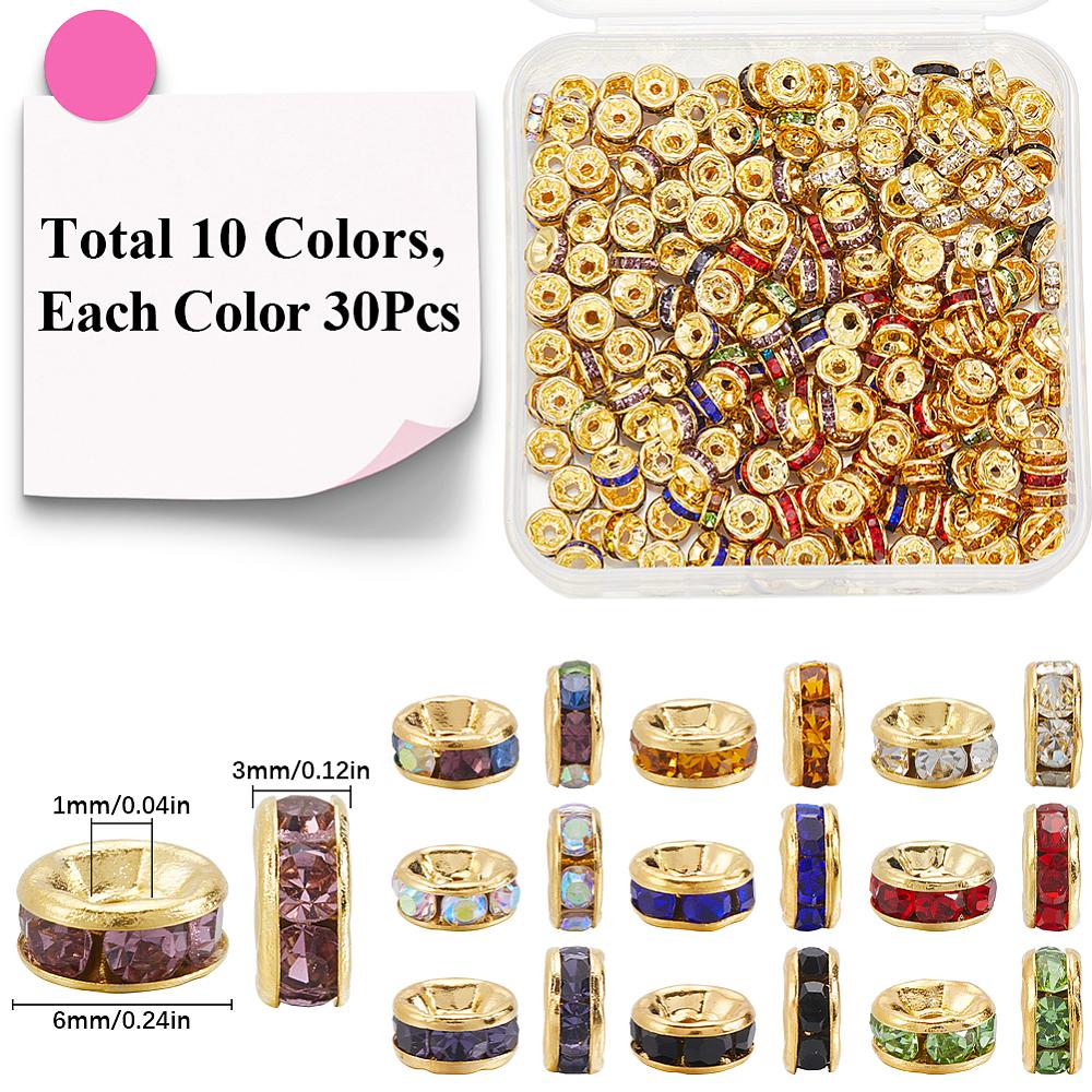 300pcs 10 Colors Brass Rhinestone Spacer Beads Grade A Rondelle 8x3.5mm Hole: 2mm Mixed Color 6x3mm Hole: 1mm 30pcs/color