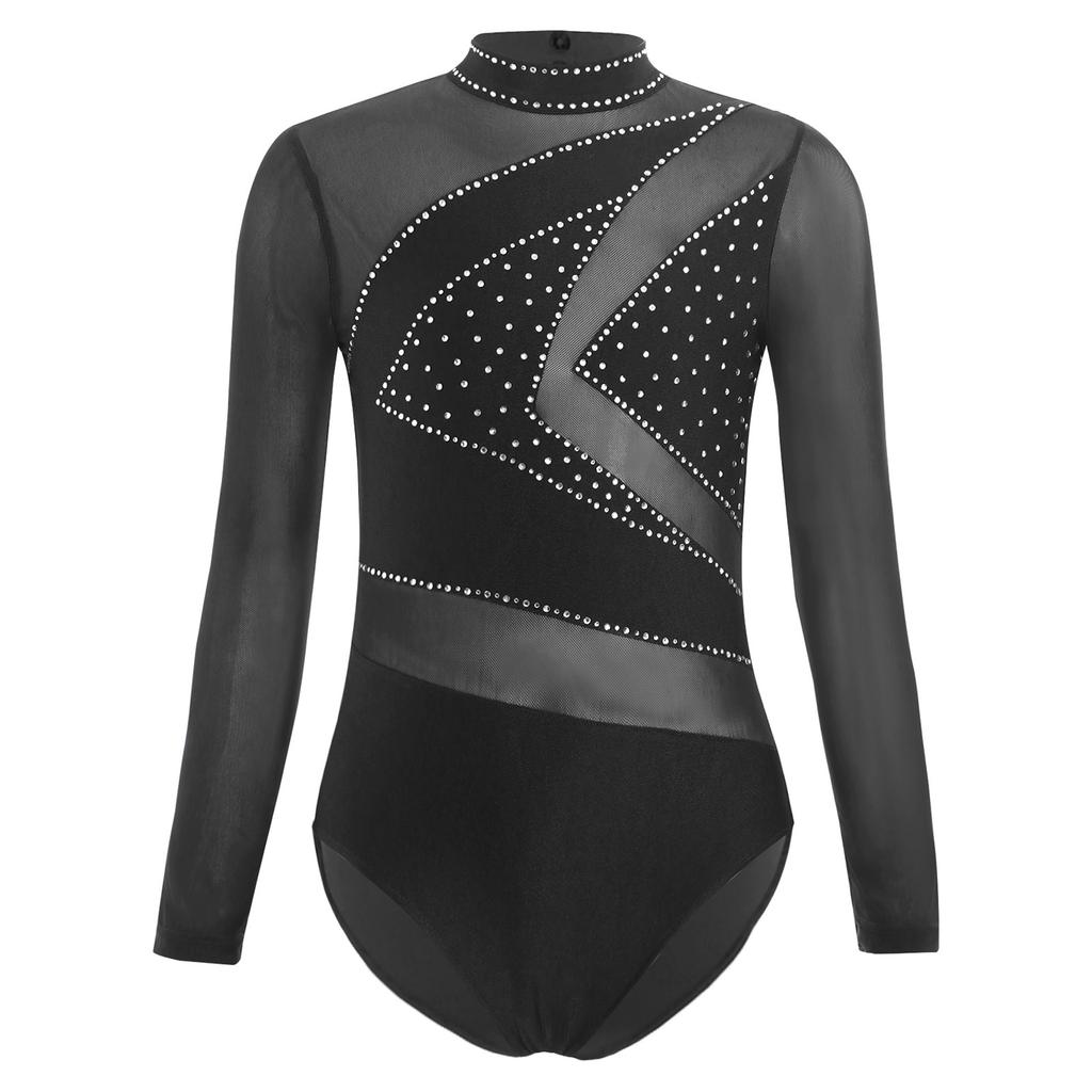 Girls Sheer Mesh Long Sleeve Leotard Cutout Back Sparkly Rhinestone Gymnastics Figure Skating Costume