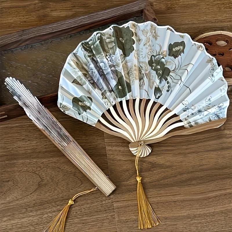1 шт. Элегантный винтажный китайский складной веер в стиле туши с цветочным дизайном и кисточкой - Портативный аксессуар ручной работы для танцев для женщин/мужчин