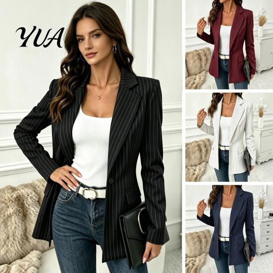 Women Casual Outerwear Striped Blazer with One Button, Breathable Business Work Jacket Jacket, Long Sleeves Notch Lapel Collar Coat for Fall Slim Fit