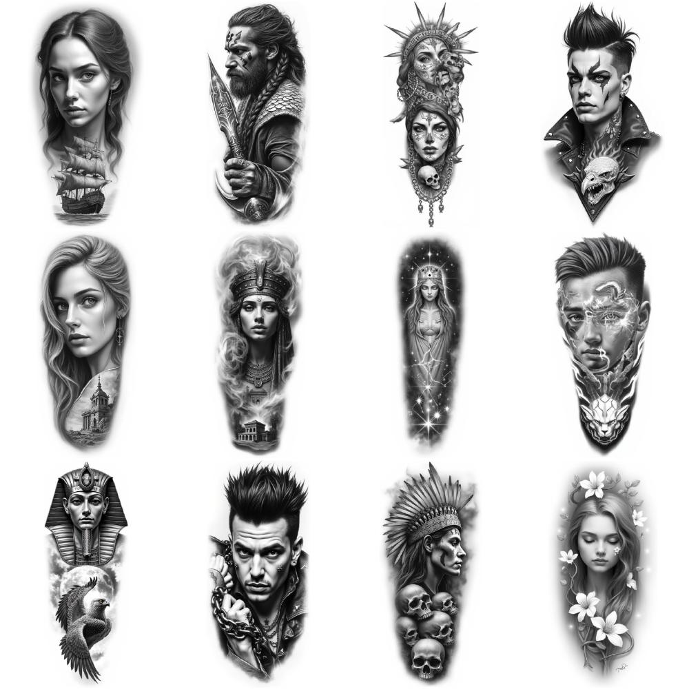 12 шт. Временные Татуировки Черно-Серый Реализм Клеопатра Женщина Индийский Вождь Для Женщин Мужчин Бедра
