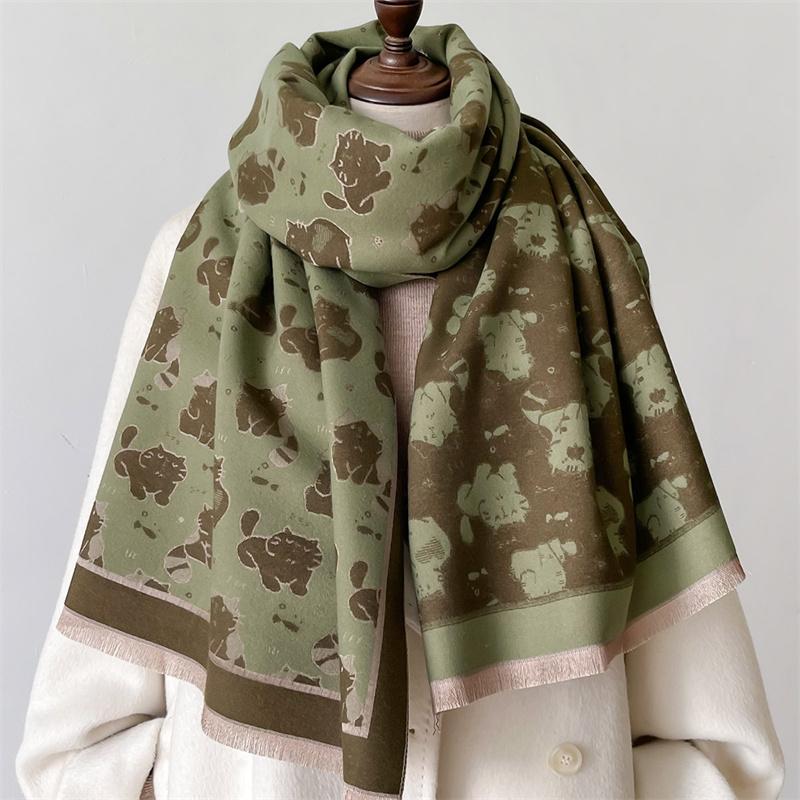 Cat Print Winter Warm Cashmere Scarf for Women Luxury Thick Blanket Shawl Wraps Pashmina Neckerchief Lady Poncho Echarpe