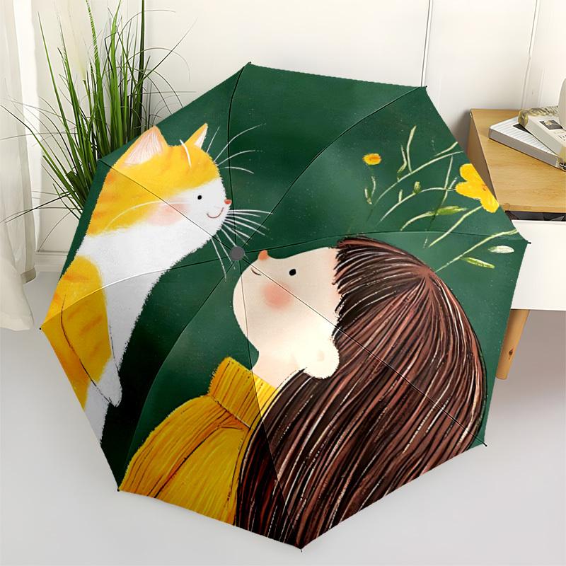 1pc Cat Friendship Automatic Folding Umbrella - Compact 8-Rib Design, Durable Plastic & Iron, Lightweight for Outdoor Daily Use048