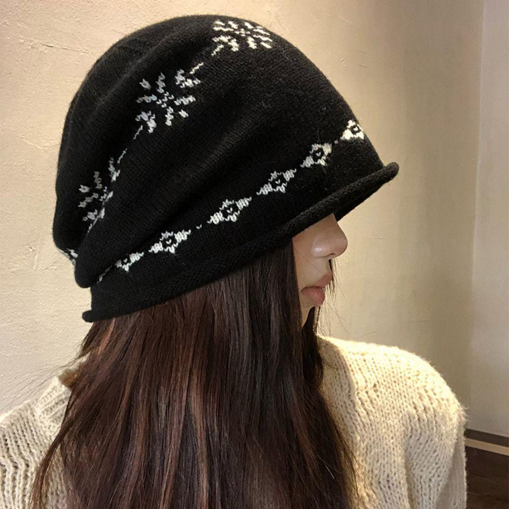 Warm Fair Isle Style Beanies Curled Edge Printing Knit Cap Retro Jacquard Knitted Hat  Outdoor