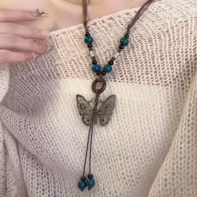Ethnic Style Butterfly Necklace Women's Long Ceramic Beaded Pendant Retro Literary Premium Sweater Chain Chinese Style Accessories