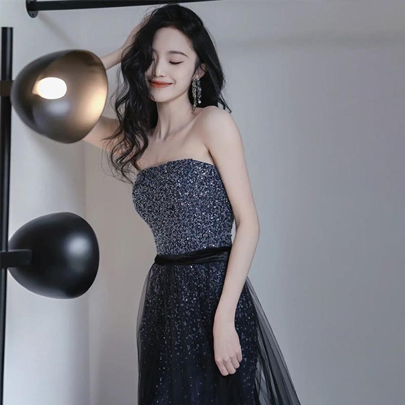 sequined dress style light luxury niche performance tube top skirt host blue evening dress 1011 new female banquet
