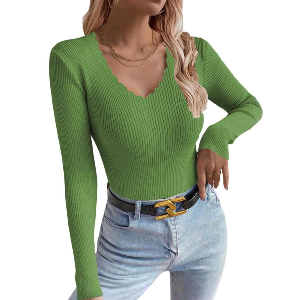 Women's V-neck Solid Color Long-sleeved Pullover Knitted Sweater Bottoming