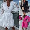 Women's Autumn Dress Lace Openwork A-line Dress With Loose Hem V-Shaped Dress