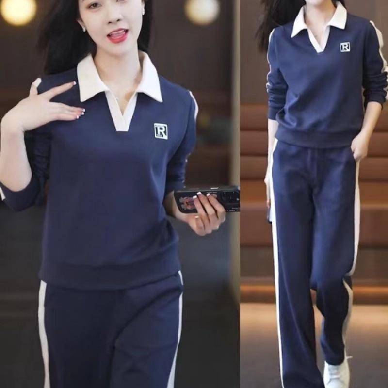 Женский облегающий спортивный костюм из двух частей — стильная простая толстовка с отворотами + спортивные штаны на весну/осень 2023 г.