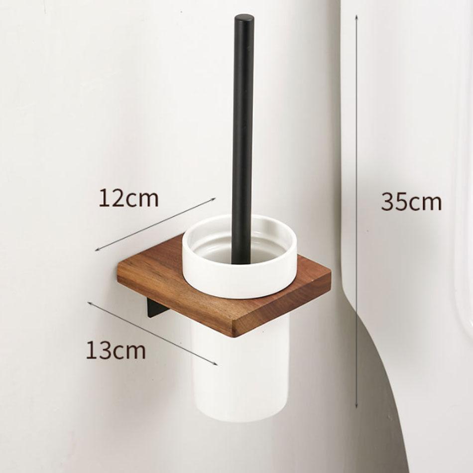 Black Toilet Brush Holder Set Wood Aluminum Wall Mounted Antique Lavatory Bathroom Durable Ceramic Cup WC Brush Rack Shelf Kit