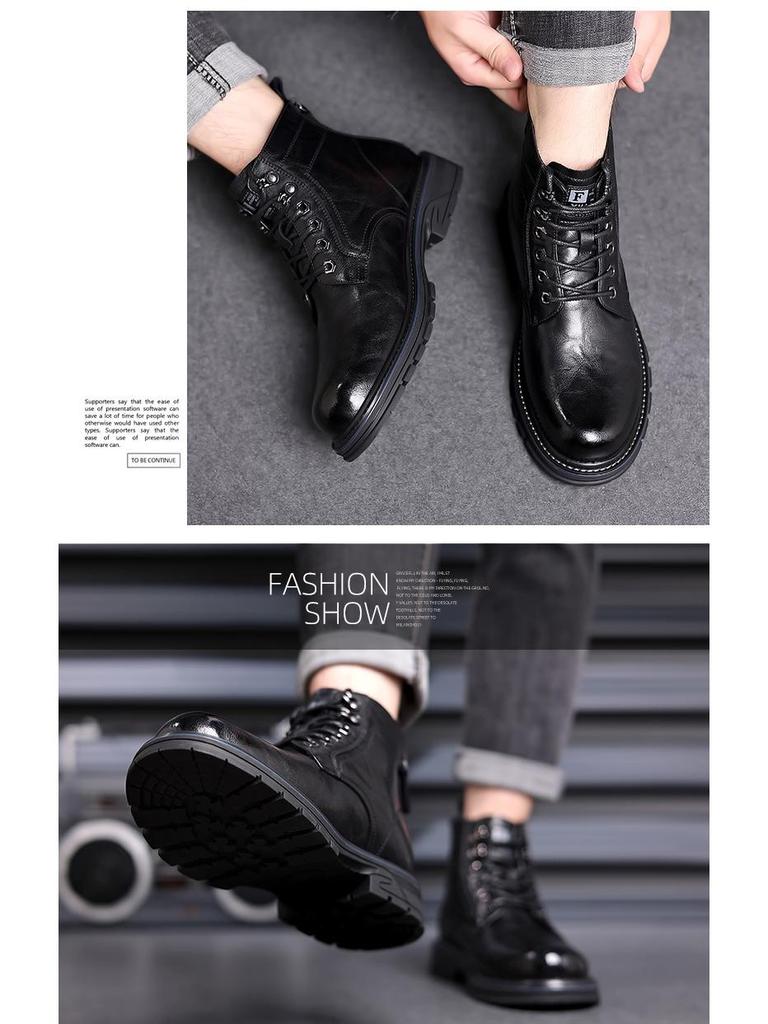 Men's Black High-Top Martin Boots - British Style Casual Motorcycle Leather Footwear for Autumn and Winter.