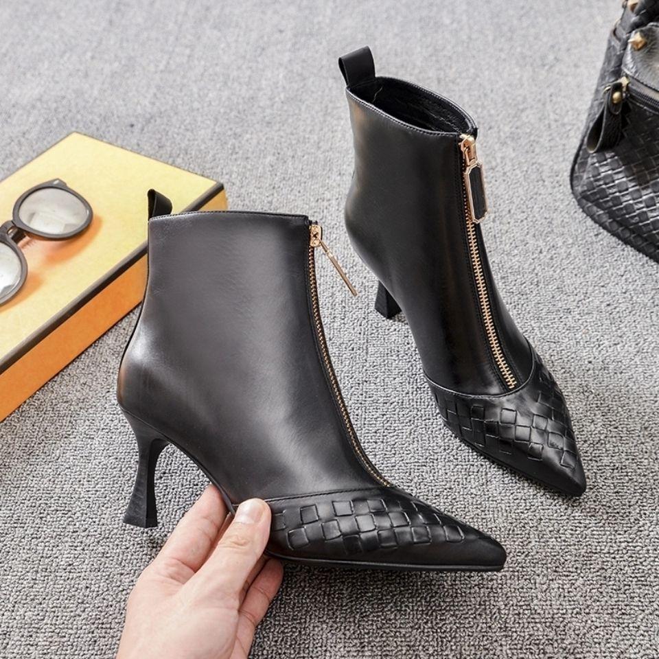 Autumn Winter Black Leather Ankle Boots for Women Elegant with Medium Heels Pointed Toe Woman Short Shoes Fashion 2025 Booties