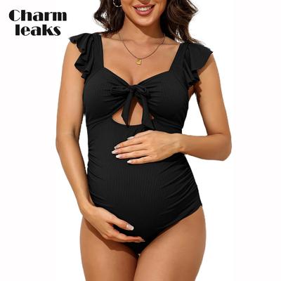 Купальные костюмы для беременных с рюшами для женщин, купальный костюм для беременных в рубчик с завязками и вырезами, рюшами, купальник для беременных